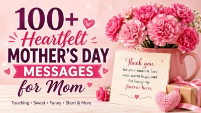 100+ heartfelt Mother's Day messages for Mom with pink flowers and a thoughtful gift card