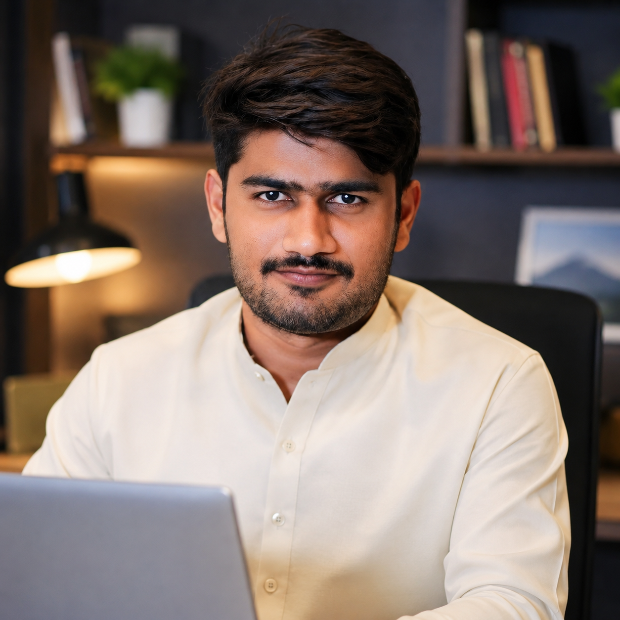 Muhammad Sarfraz professional author portrait in a modern office with laptop and bookshelf background