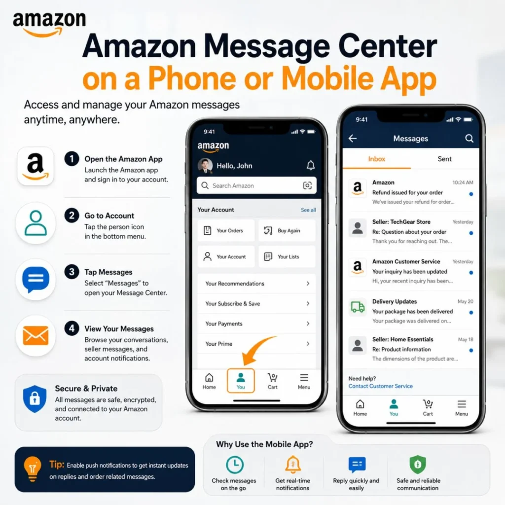 Amazon Message Center on a phone showing how to access and manage messages in the mobile app