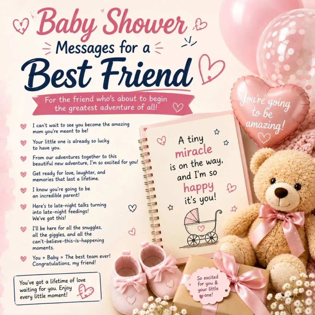 Baby shower messages for a best friend with heartfelt wishes, teddy bear, baby shoes, and gifts