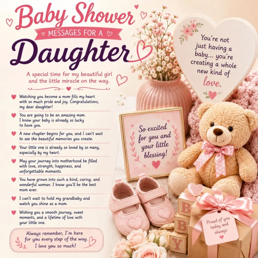 Baby shower messages for a daughter with heartfelt wishes, teddy bear, baby shoes, flowers, and gifts