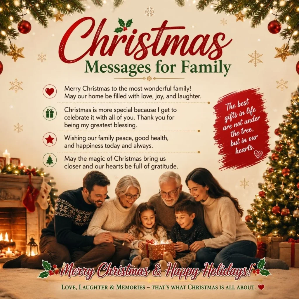 Christmas messages for family with a cozy holiday gathering by the Christmas tree