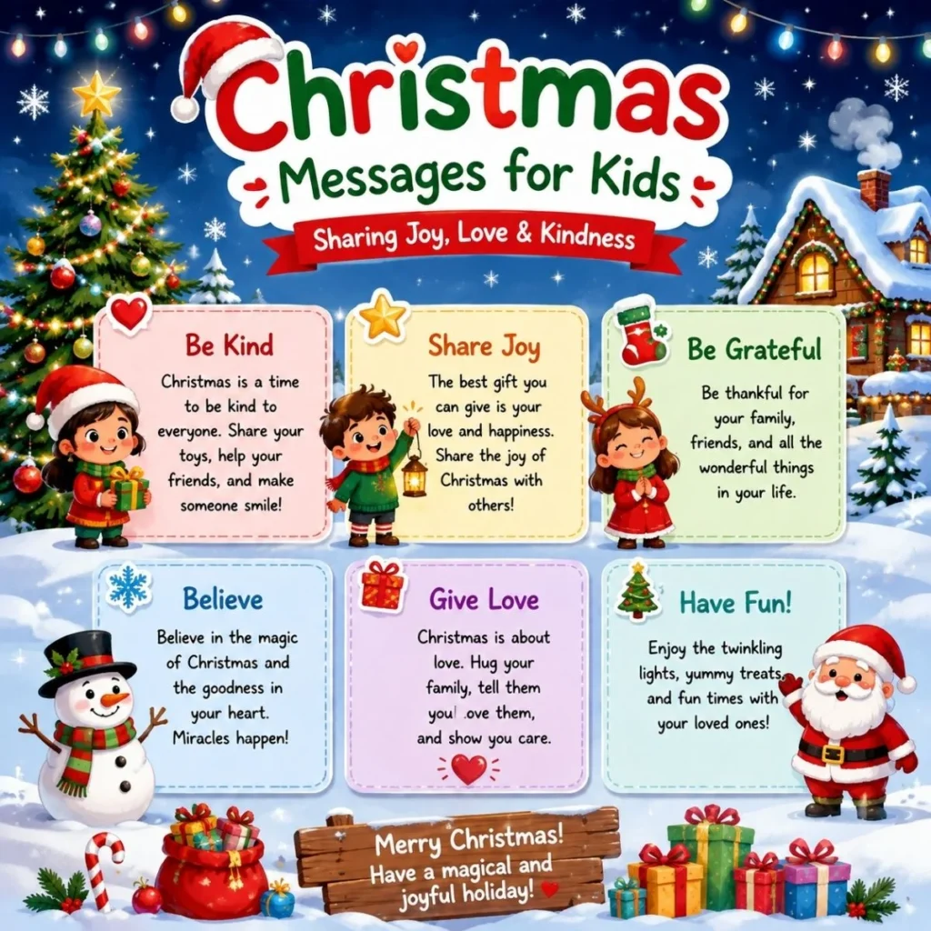 Christmas messages for kids with cheerful holiday wishes, kindness, joy, gratitude, and festive illustrations