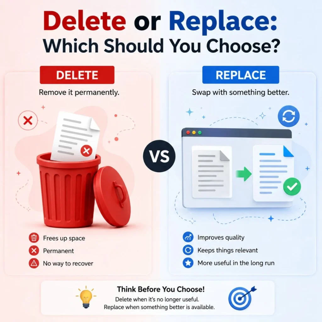 Delete or replace comparison showing when to remove content or choose a better alternative
