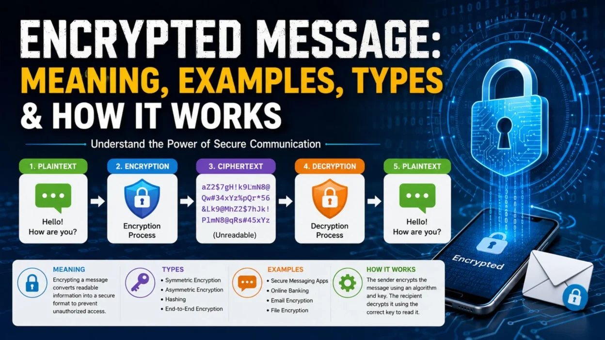 Encrypted message infographic explaining meaning, types, examples, and how secure message encryption works