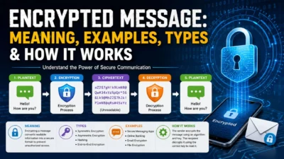 Encrypted message infographic explaining meaning, types, examples, and how secure message encryption works