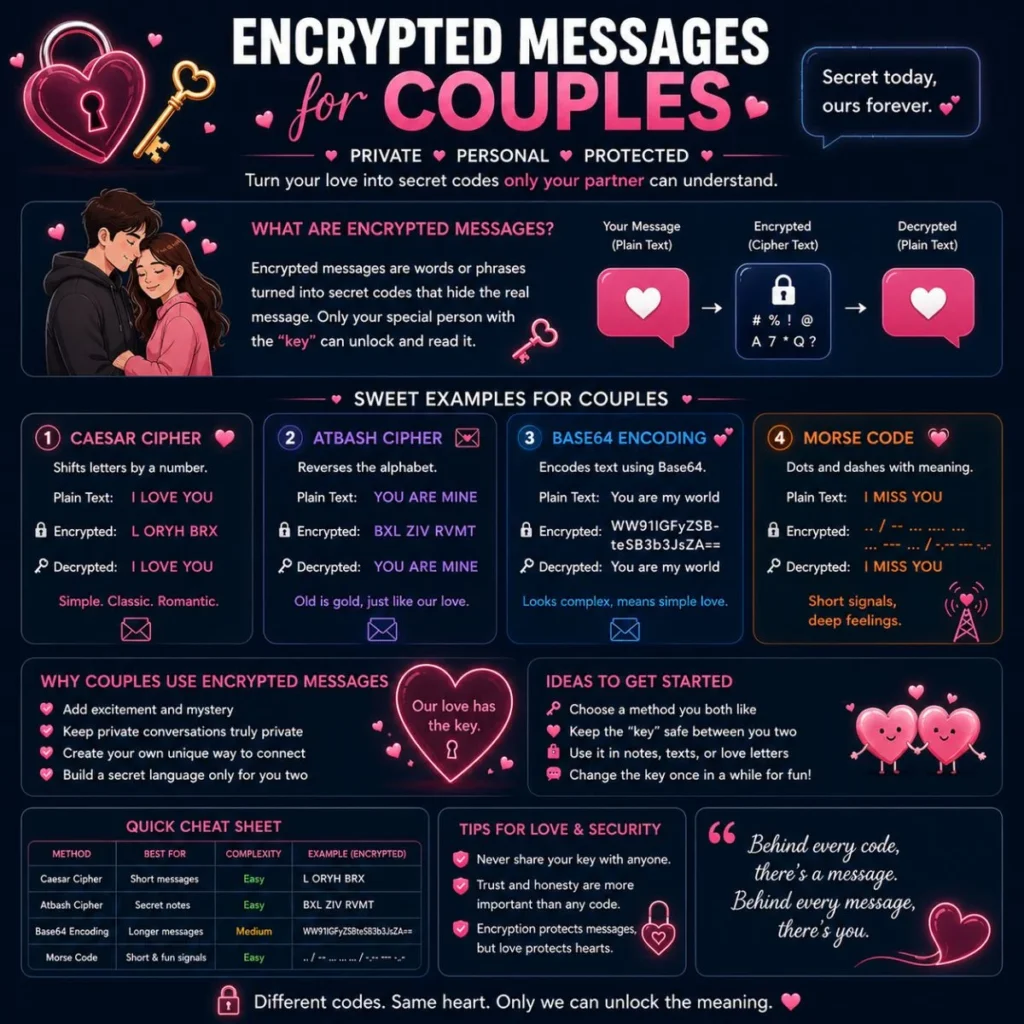 Encrypted messages for couples with romantic secret codes, cipher examples, and private love messages