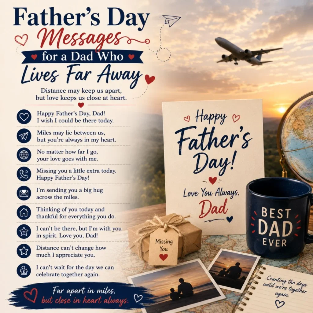Father’s Day messages for a dad who lives far away, with a card, globe, gift, airplane, and family photos