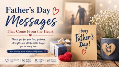 Father’s Day messages with a heartfelt greeting card, gift, flowers, and a loving father-child moment