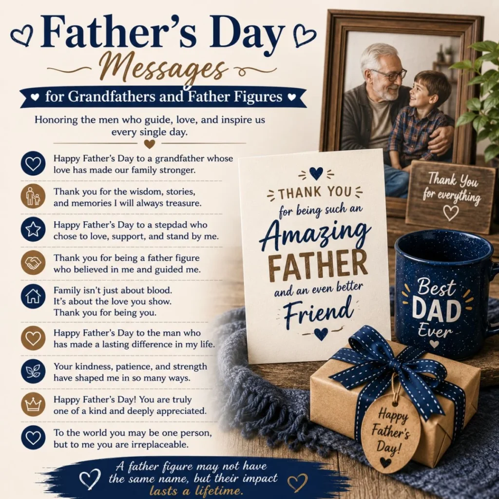 Father’s Day messages for grandfathers and father figures with a family photo, gift, card, and heartfelt wishes