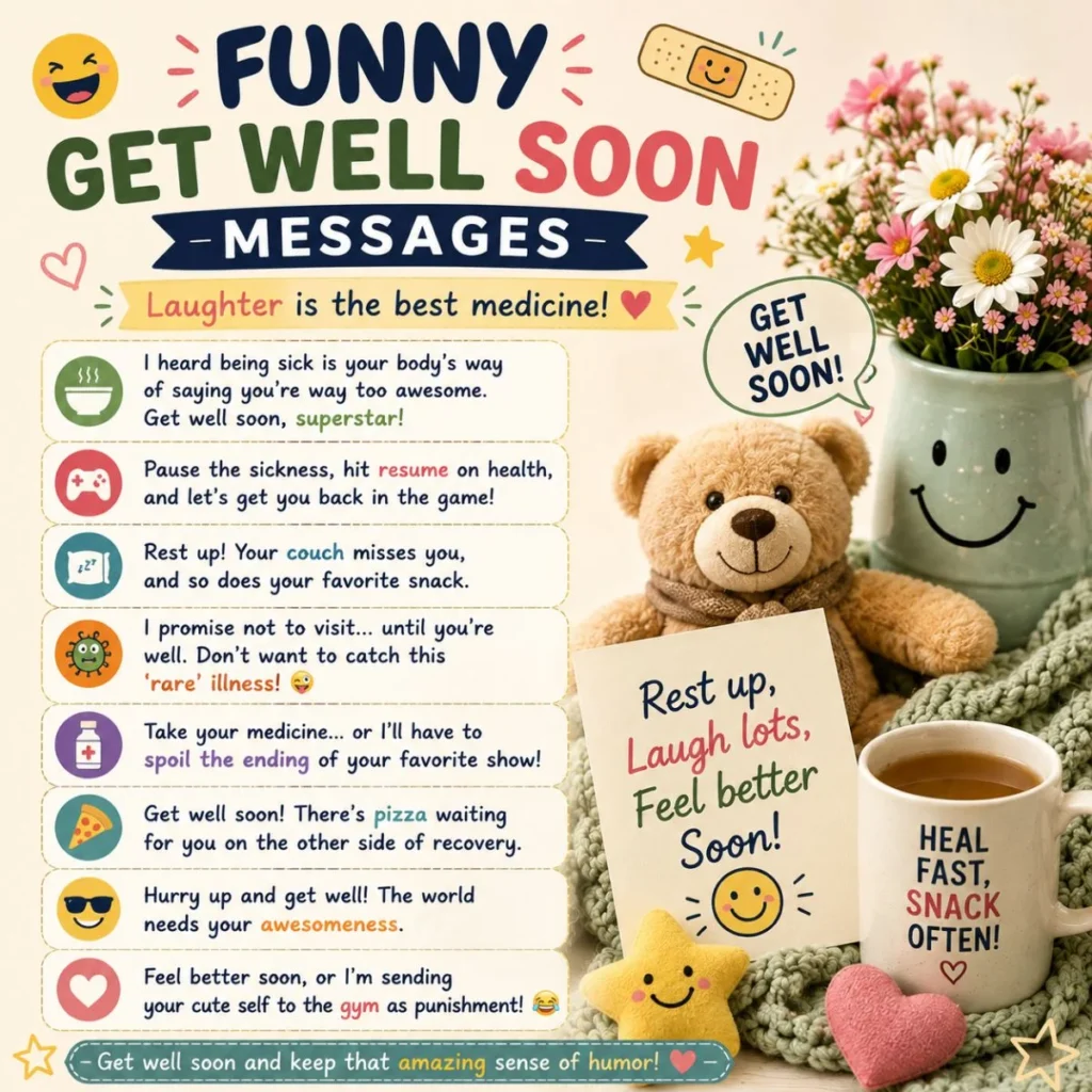 Funny get well soon messages with cheerful recovery wishes, teddy bear, flowers, tea, and playful cards