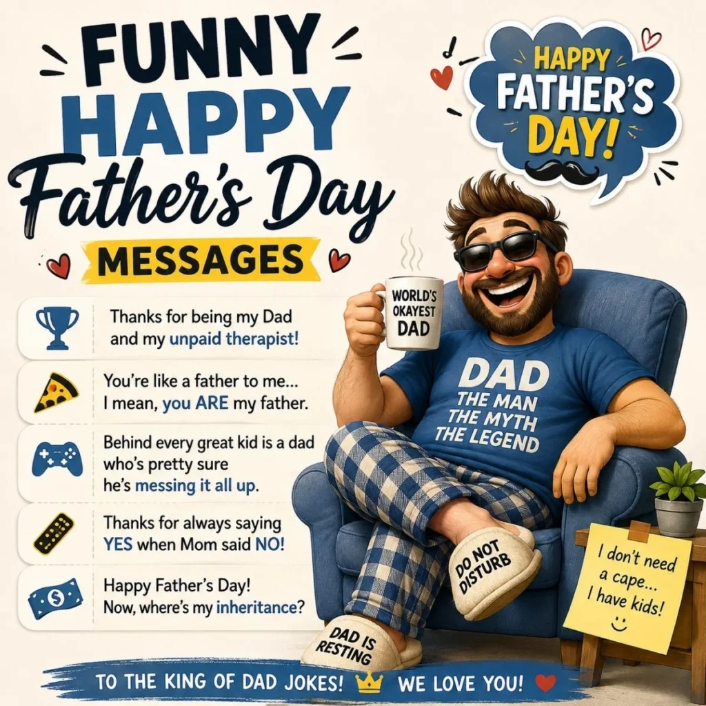 Funny Happy Father’s Day messages with a smiling dad enjoying playful jokes and heartfelt wishes.