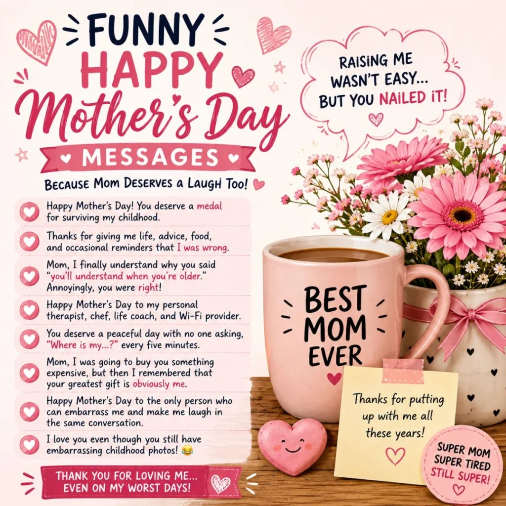 Funny Happy Mother’s Day messages with humorous quotes, flowers, and a Best Mom Ever coffee mug