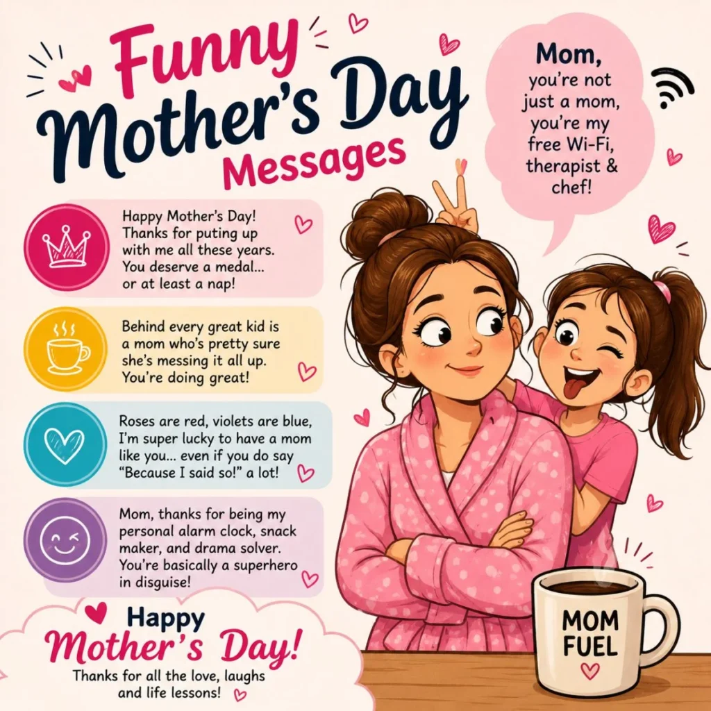 Funny Mother’s Day messages with a cheerful mom and daughter illustration