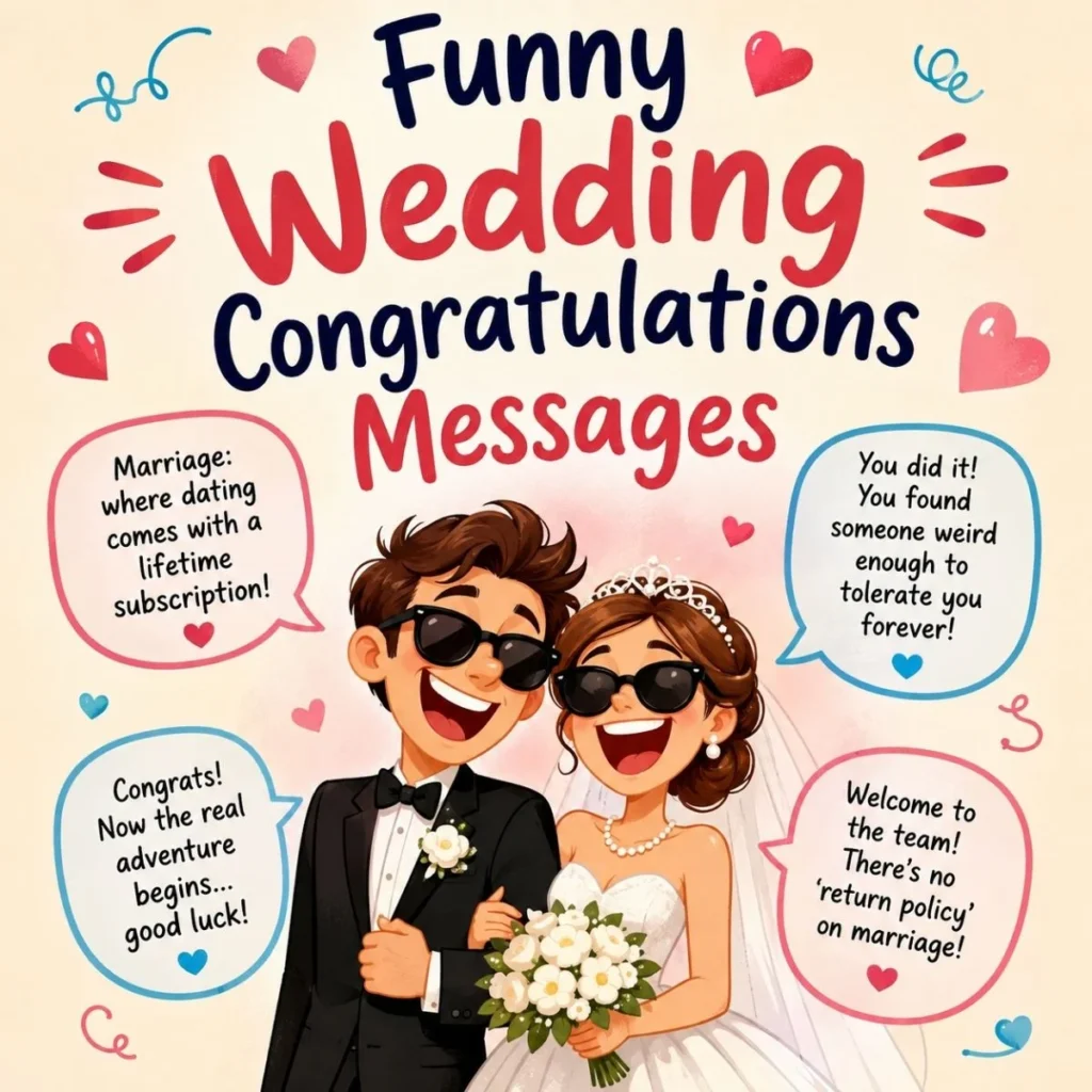 Funny wedding congratulations messages with a happy bride and groom in playful wedding artwork