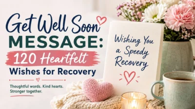 Get well soon message with 120 heartfelt recovery wishes, flowers, card, and cozy healing scene