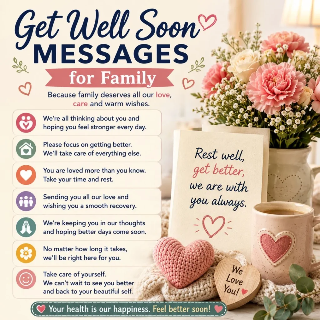 Get well soon messages for family with heartfelt recovery wishes, flowers, card, and cozy tea