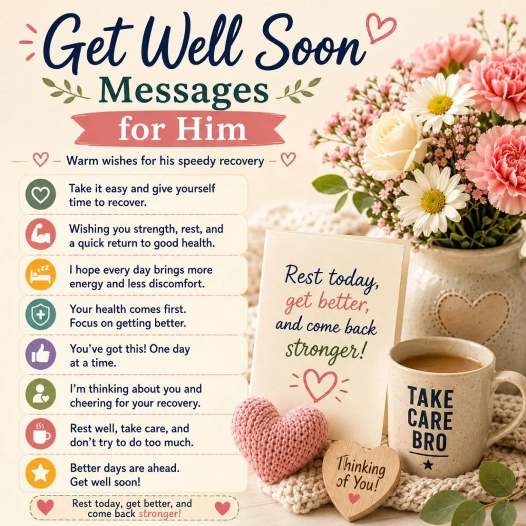 Get well soon messages for him with heartfelt recovery wishes, flowers, card, tea, and heart decor