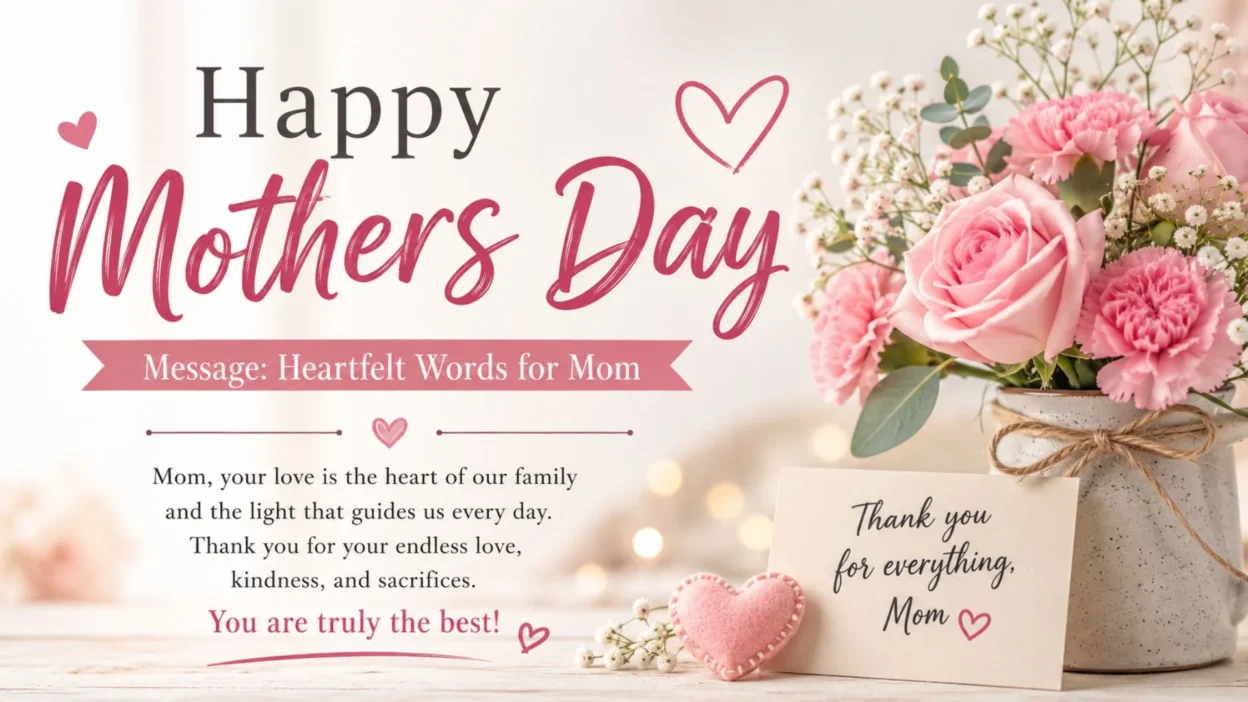Happy Mother’s Day message with pink roses, heartfelt words for Mom, and a warm floral greeting card