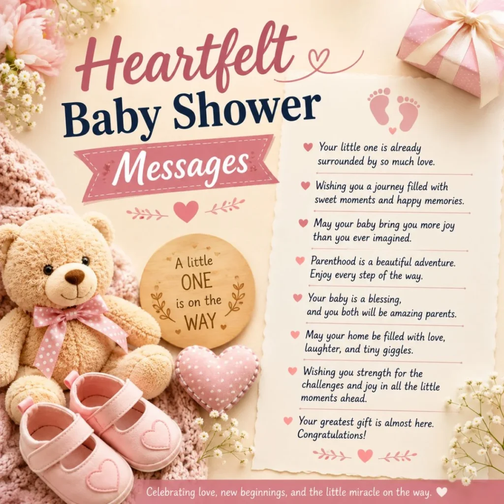 Heartfelt baby shower messages with loving wishes, teddy bear, baby shoes, flowers, and gifts