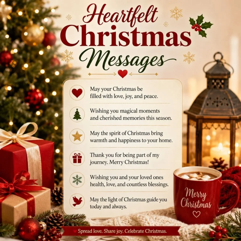 Heartfelt Christmas messages card with festive tree, gifts, lantern, and warm holiday wishes