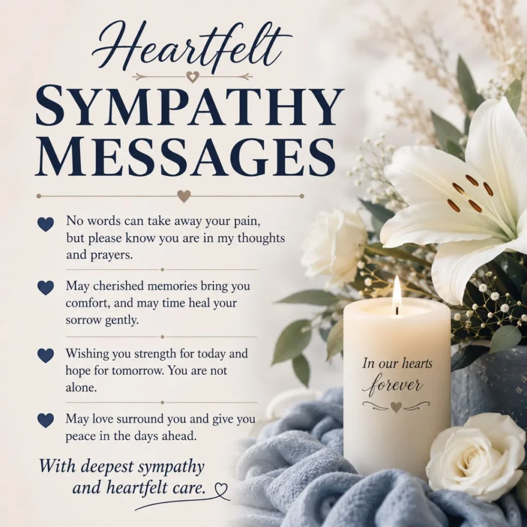 Heartfelt sympathy messages with a candle and white flowers offering comfort and remembrance