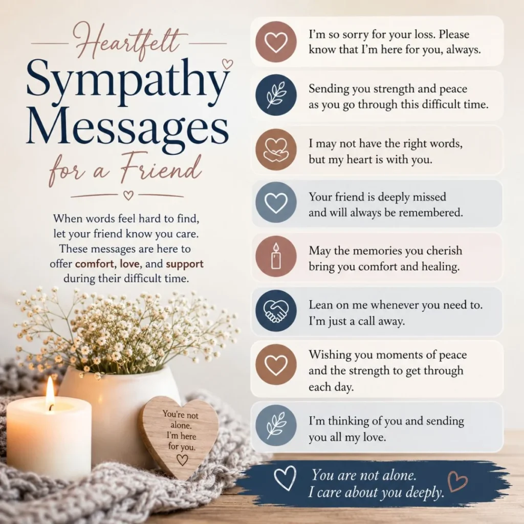 Heartfelt sympathy messages for a friend offering comfort, love, strength, and support during loss