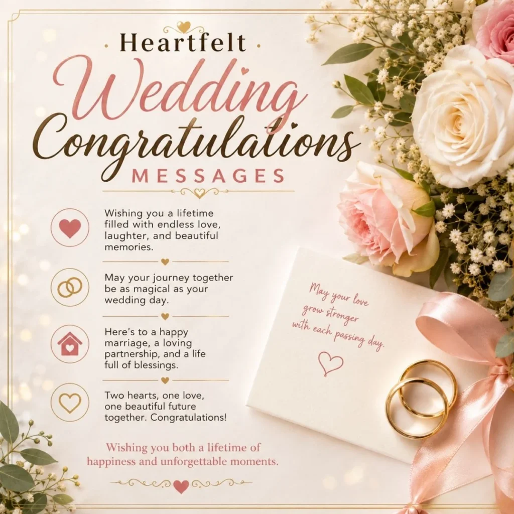 Heartfelt wedding congratulations messages with elegant flowers, wedding rings, and loving wishes
