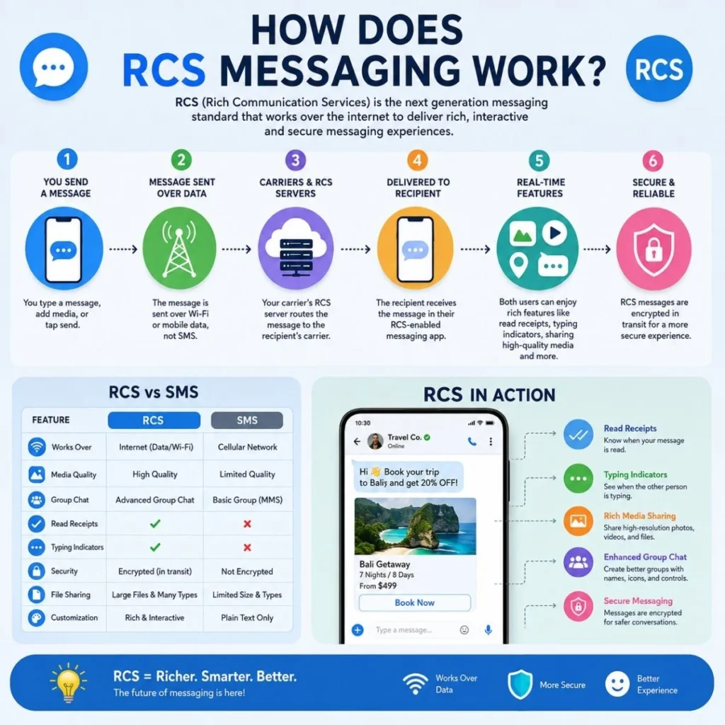 How RCS messaging works through internet data, RCS servers, rich media, read receipts, and secure messaging.