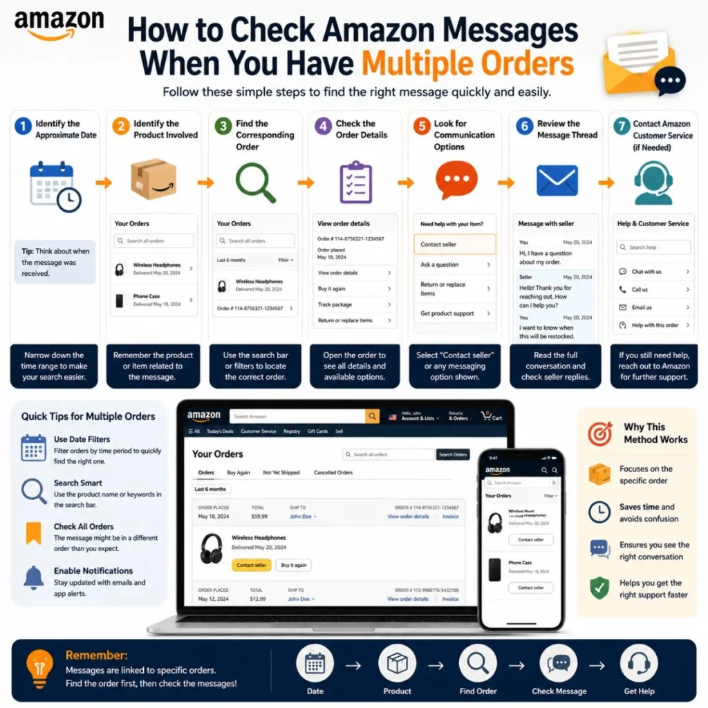 How to check Amazon messages when managing multiple orders using order details and message threads