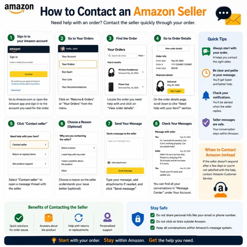How to contact an Amazon seller through your order and send a message securely
