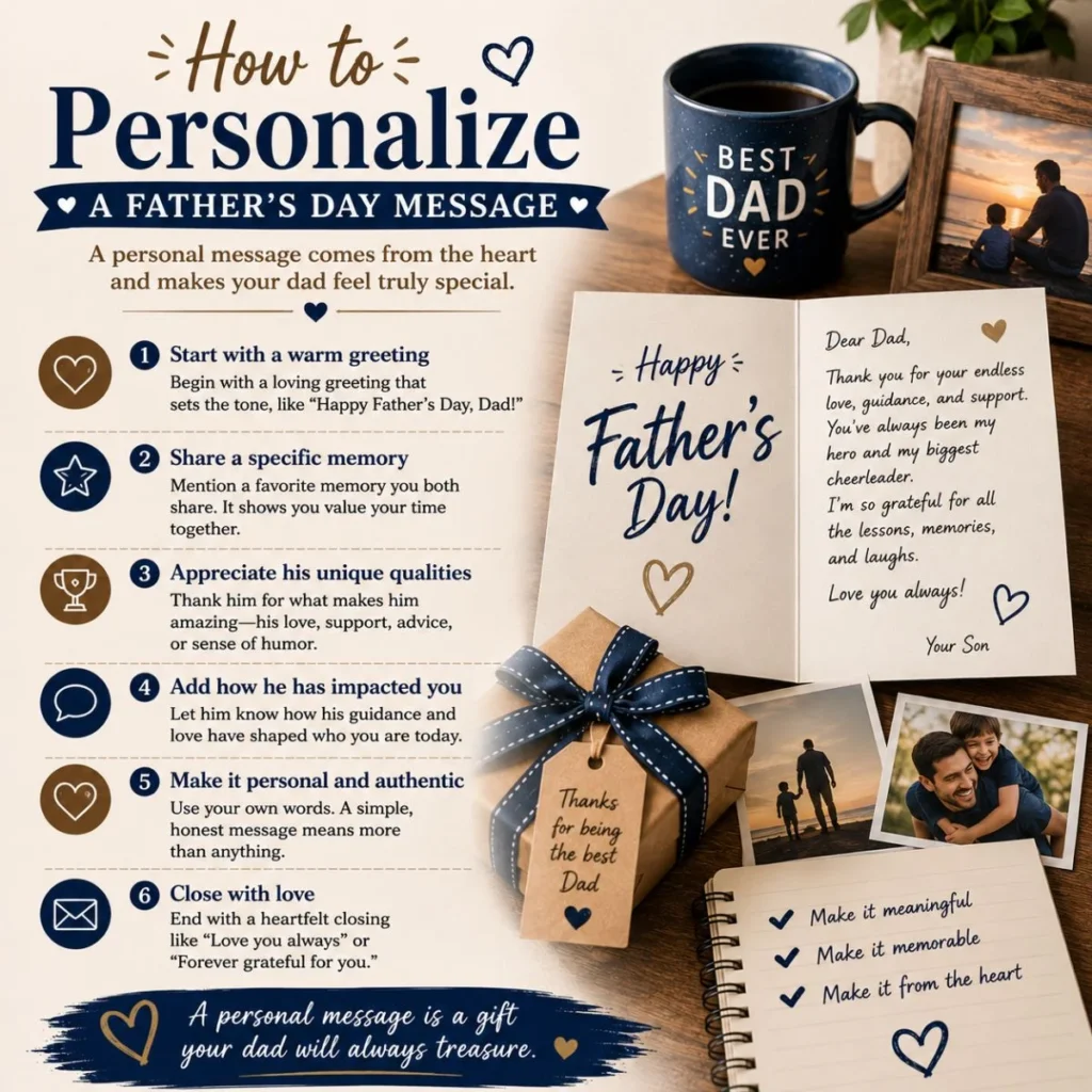 How to personalize a Father’s Day message with heartfelt writing tips, a card, gift, photos, and Best Dad mug