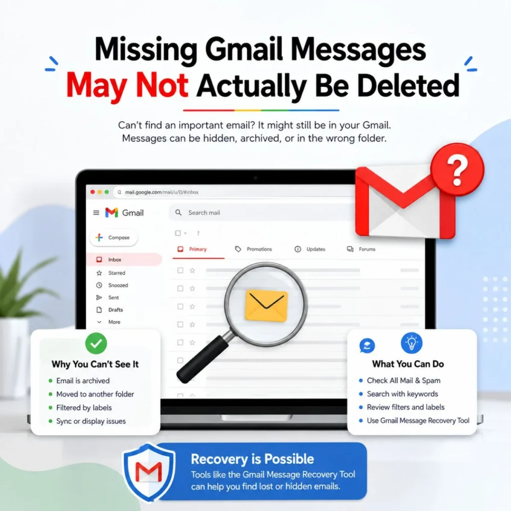 Missing Gmail messages may be archived, filtered, hidden, or recoverable with Gmail tools
