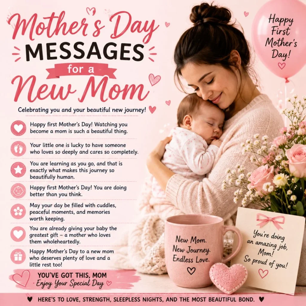 Mother’s Day messages for a new mom with baby, pink flowers, and heartfelt first Mother’s Day wishes