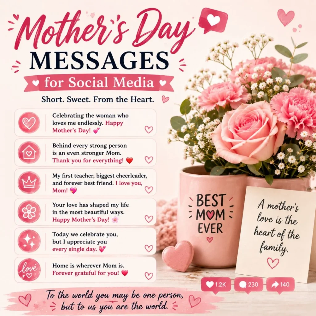 Mother’s Day messages for social media with pink roses, heartfelt quotes, and a Best Mom Ever mug