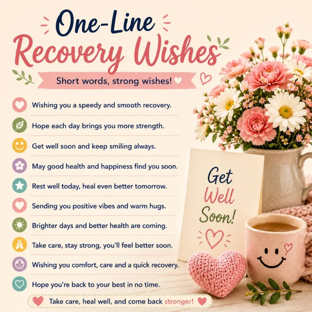 One-line recovery wishes with get well soon messages, flowers, card, tea, and heart decor