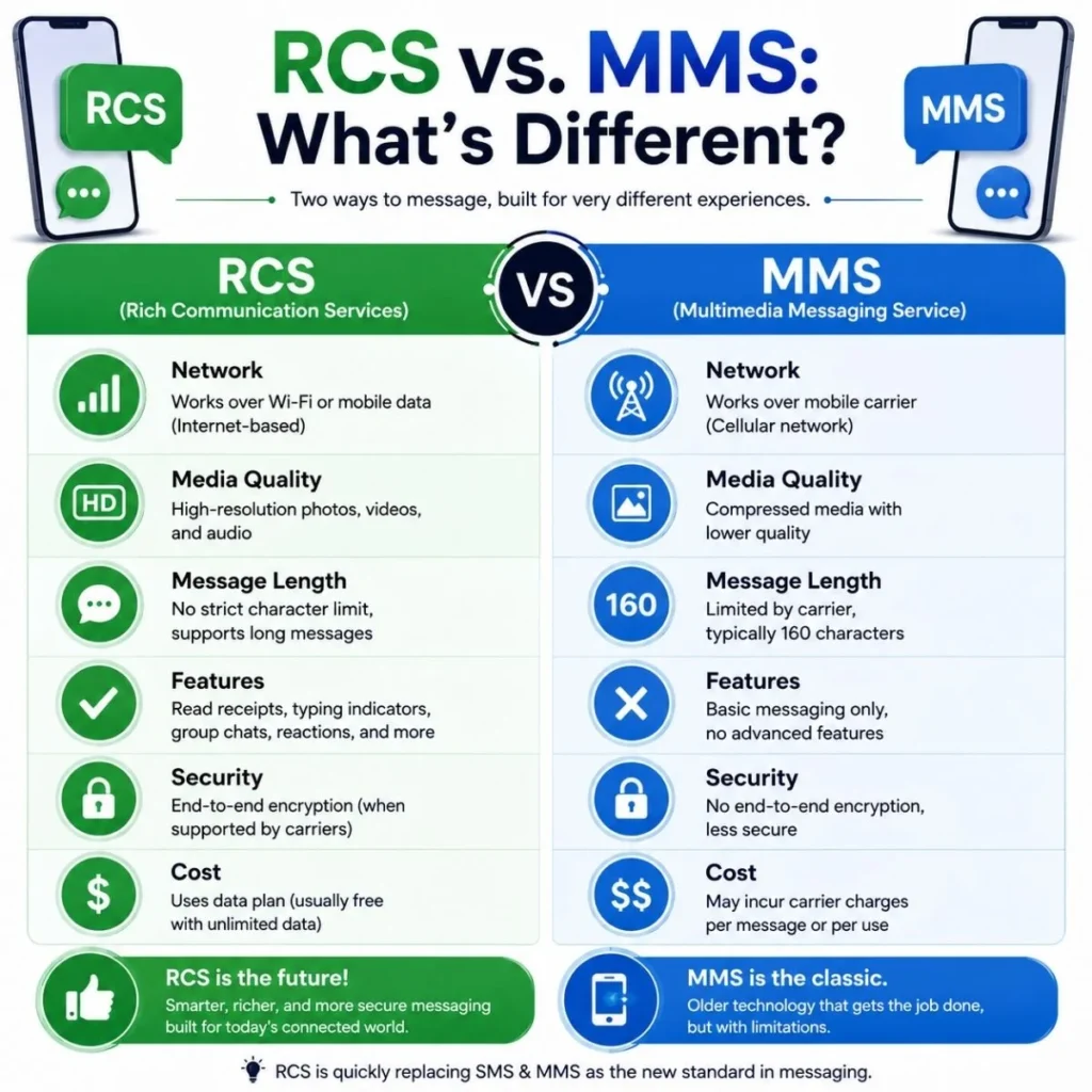 RCS vs MMS comparison showing messaging features, media quality, security, and network differences