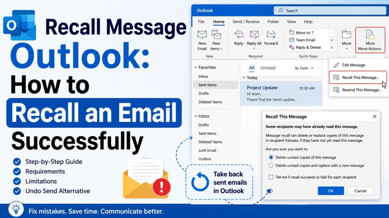 Recall Message Outlook guide showing how to recall a sent email successfully
