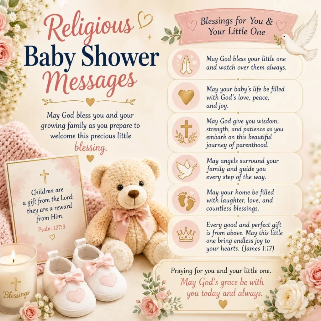 Religious baby shower messages with faith-filled blessings, teddy bear, baby shoes, flowers, and Scripture