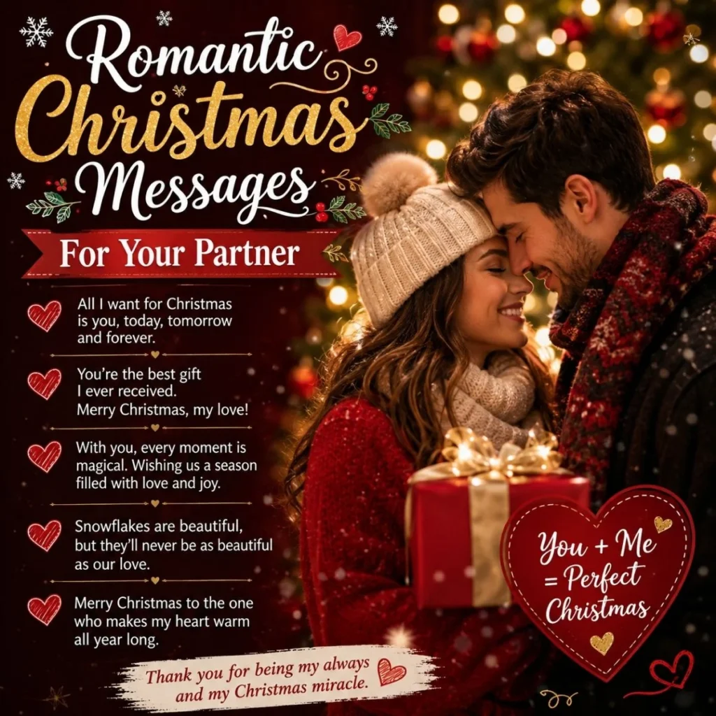 Romantic Christmas messages for your partner with a cozy couple, Christmas lights, gifts, and heartfelt love wishes.