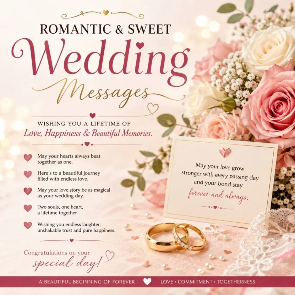 Romantic and sweet wedding messages with roses, wedding rings, and heartfelt wishes for a happy married life.