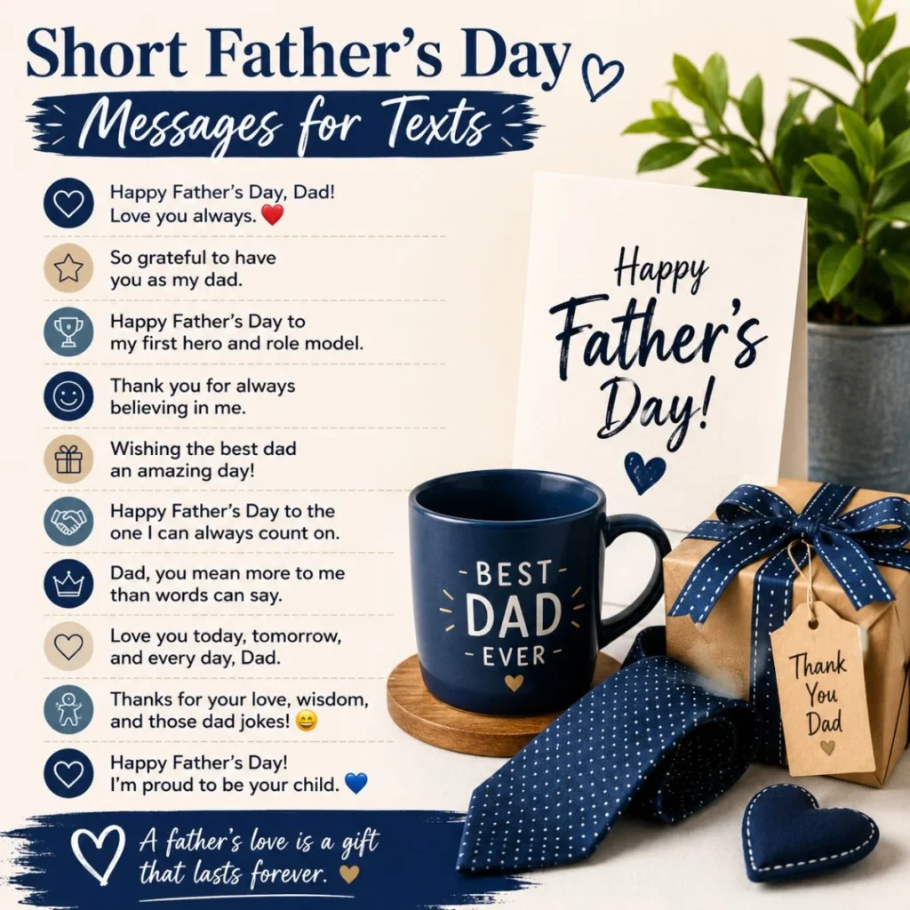 Short Father’s Day messages for texts with a greeting card, gift, mug, and heartfelt wishes