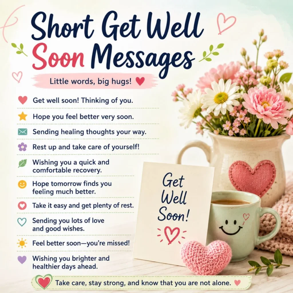 Short get well soon messages with heartfelt recovery wishes, flowers, card, and cozy cup