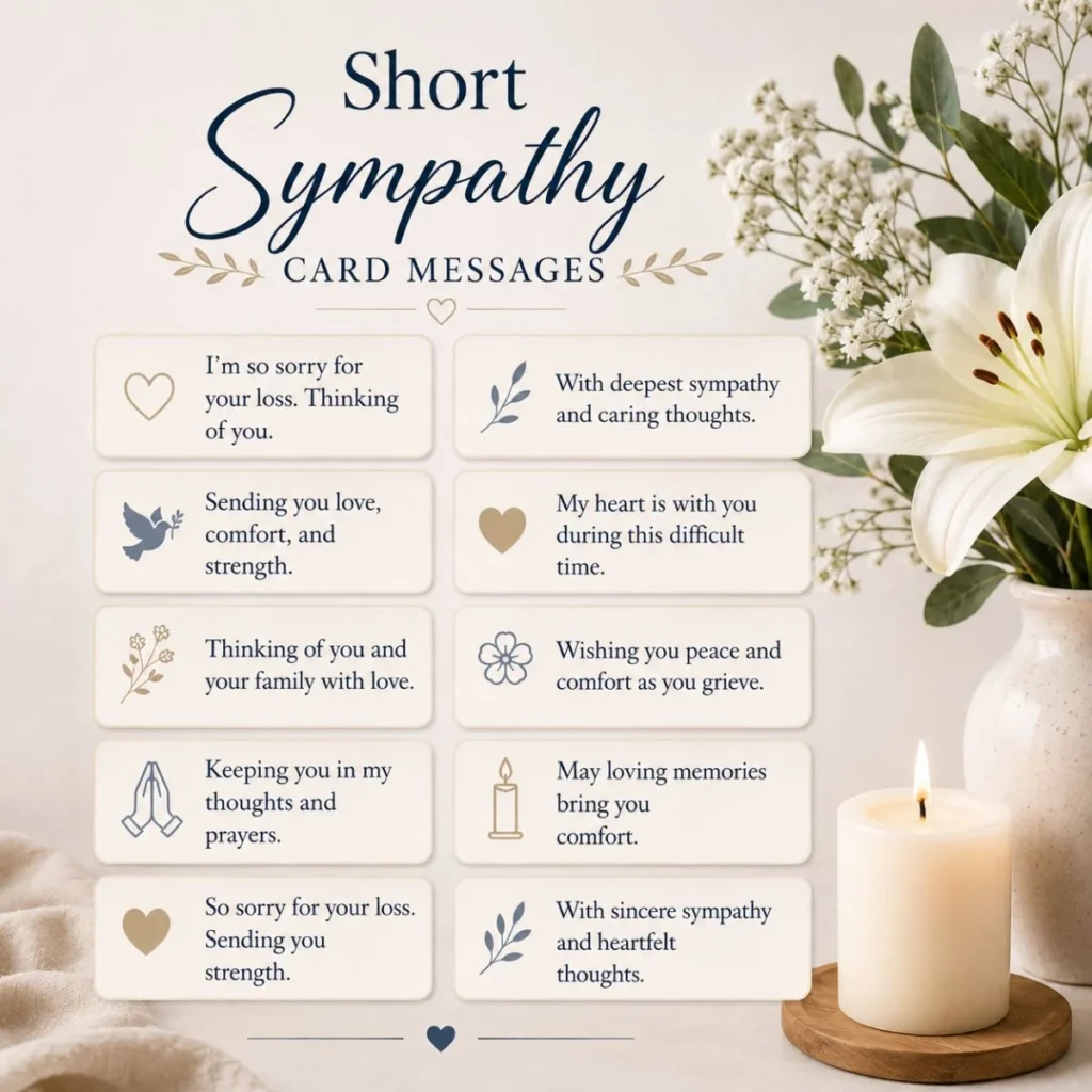 Short sympathy card messages with comforting words, white lilies, greenery, and a warm candle