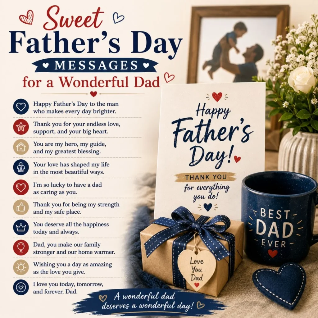 Sweet Father’s Day messages for a wonderful dad with a heartfelt card, gift, flowers, and family photo