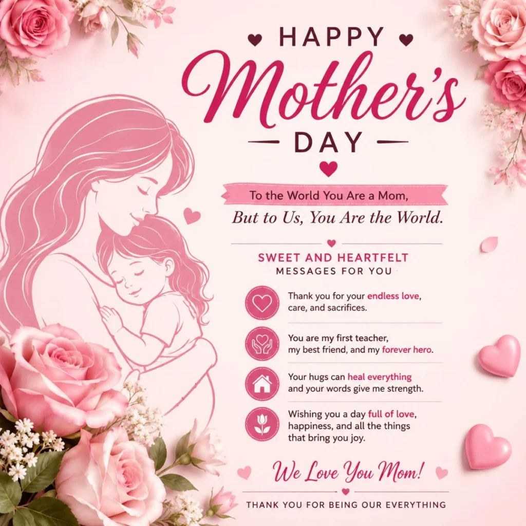 Sweet and heartfelt Mother’s Day messages with roses, hearts, and a loving mother and child