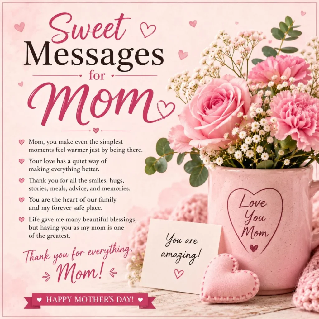 Sweet Mother’s Day messages for Mom with pink roses, floral decor, and heartfelt words of love and gratitude
