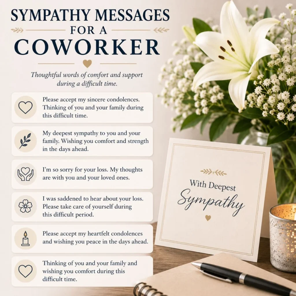 Sympathy messages for a coworker with comforting words, white lilies, sympathy card, and candle