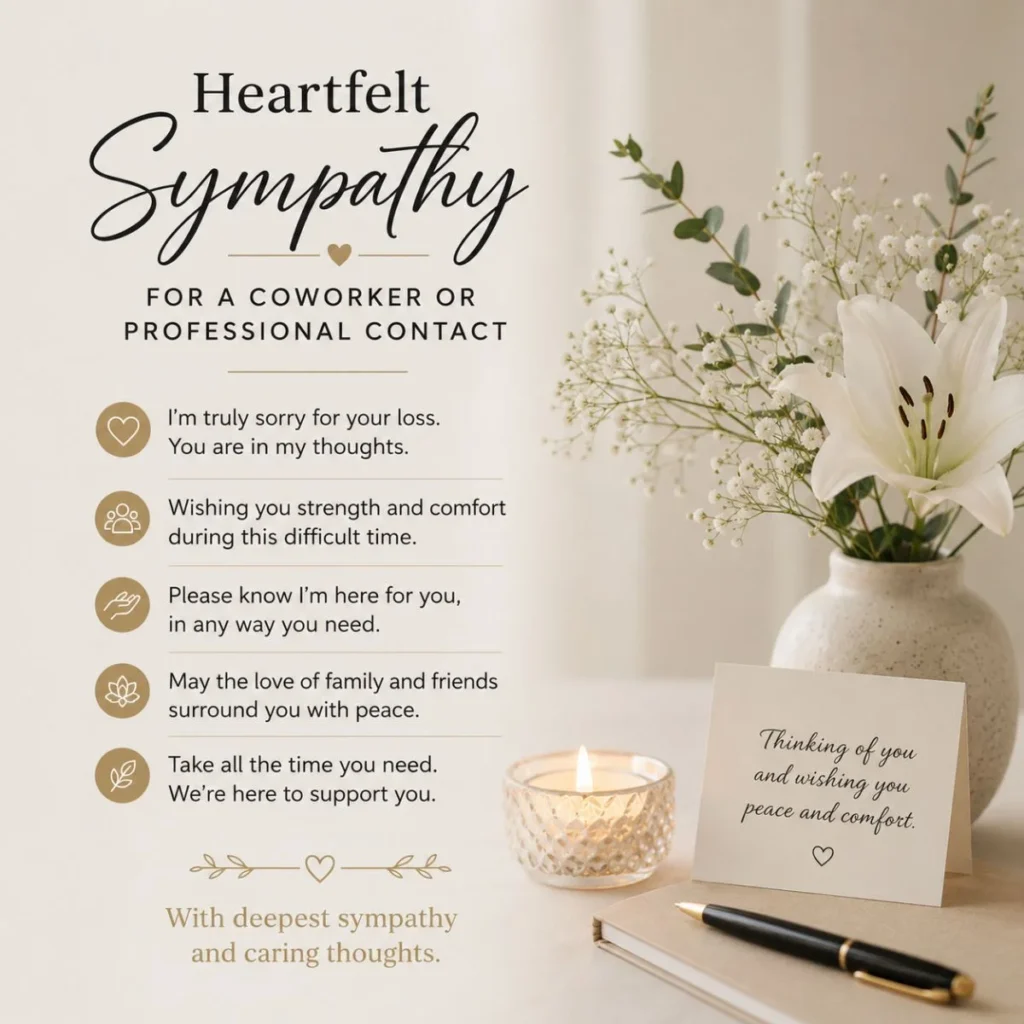 Sympathy messages for a coworker or professional contact with white flowers, candle, and comforting words