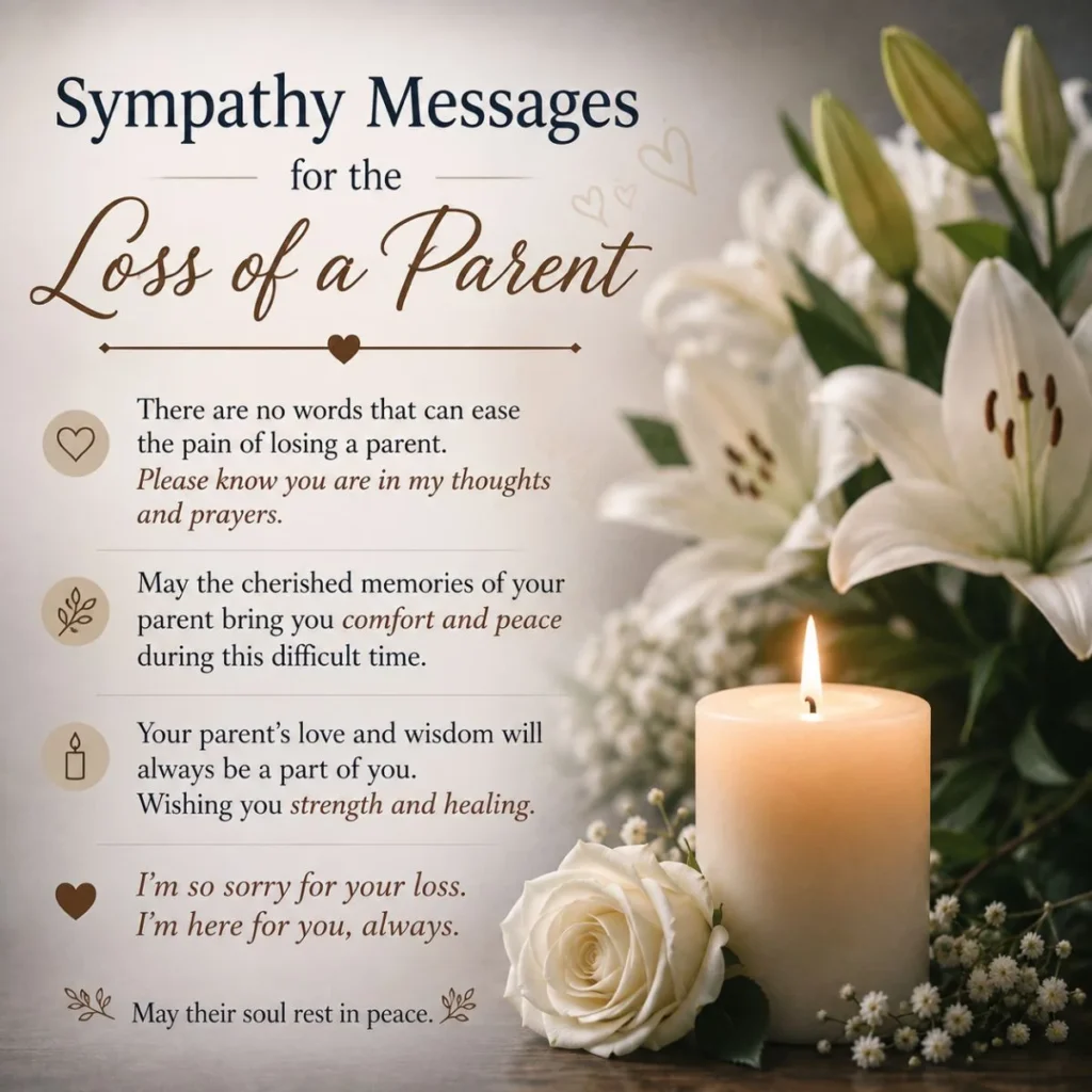 Sympathy messages for the loss of a parent with white lilies, rose, and candle